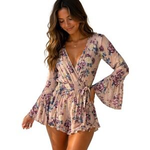 American Eagle Outfitters Floral Romper Mauve Pink Purple Bell Sleeve Boho XXS